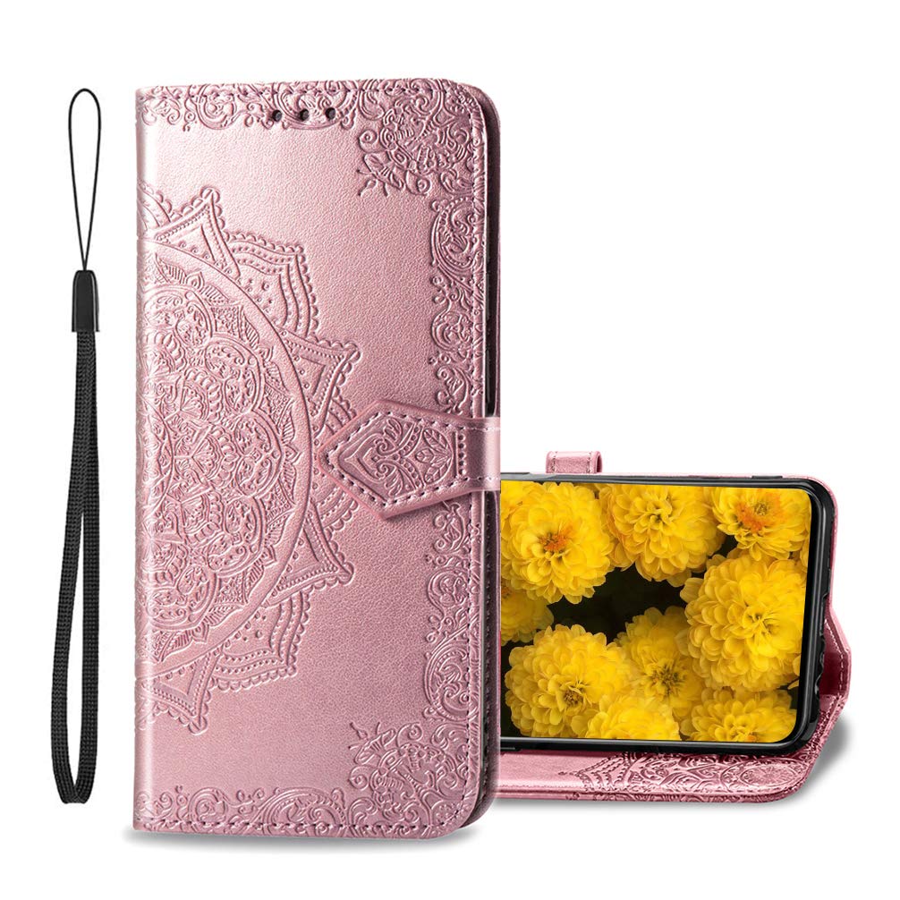 BRAND SET Phone Case for Sony Xperia 10 II Case Wallet Leather Cover Magnetic Closure and Flip Stand Case, Premium 3D Vintage Elegant Print Phone Cases-Rose Gold