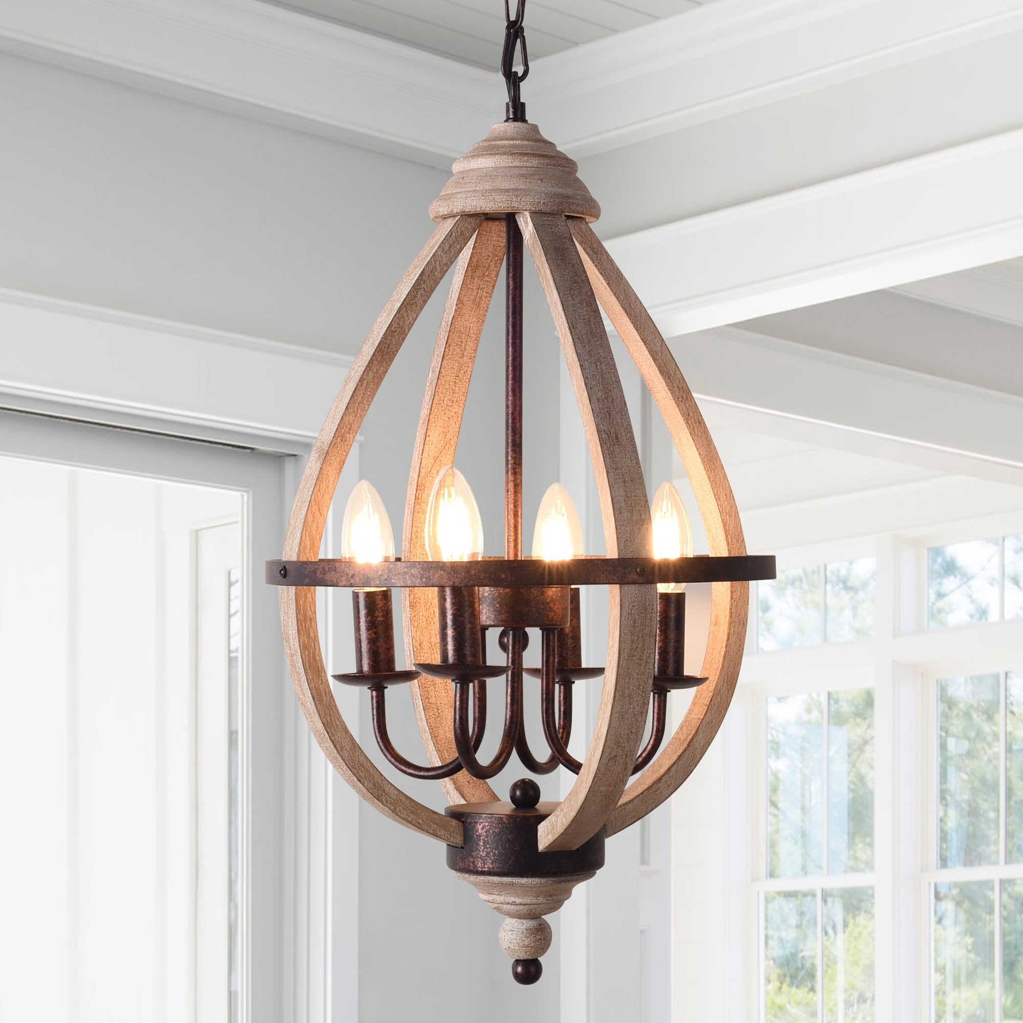 Photo 1 of Vintage Teardrop Wood Pendant Light - Distressed Wood & Bronze Finish Farmhouse Chandelier for Kitchen Island, Dining Room?Mid-Century Modern & Retro Ceiling Mount Hanging Lamp Fixture