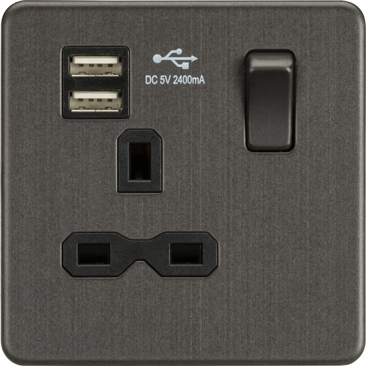 Screwless 13A 1G switched socket with dual USB charger; 2.4A