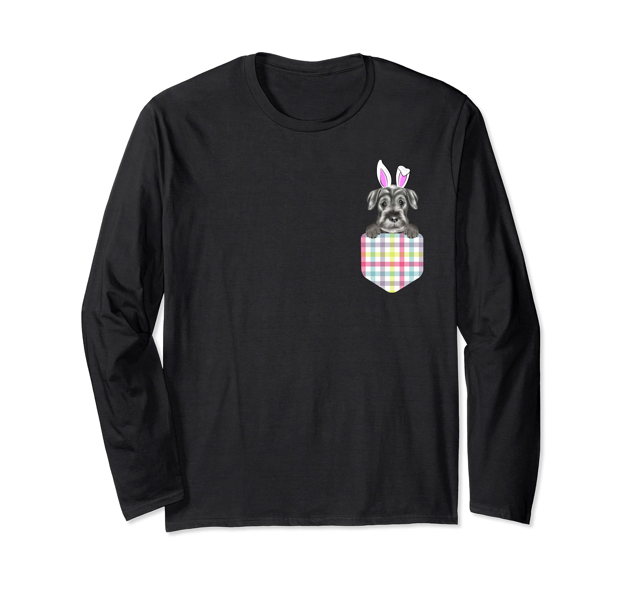 Easter Plaid Standard Schnauzer Bunny Dog In Pocket Long Sleeve T-Shirt