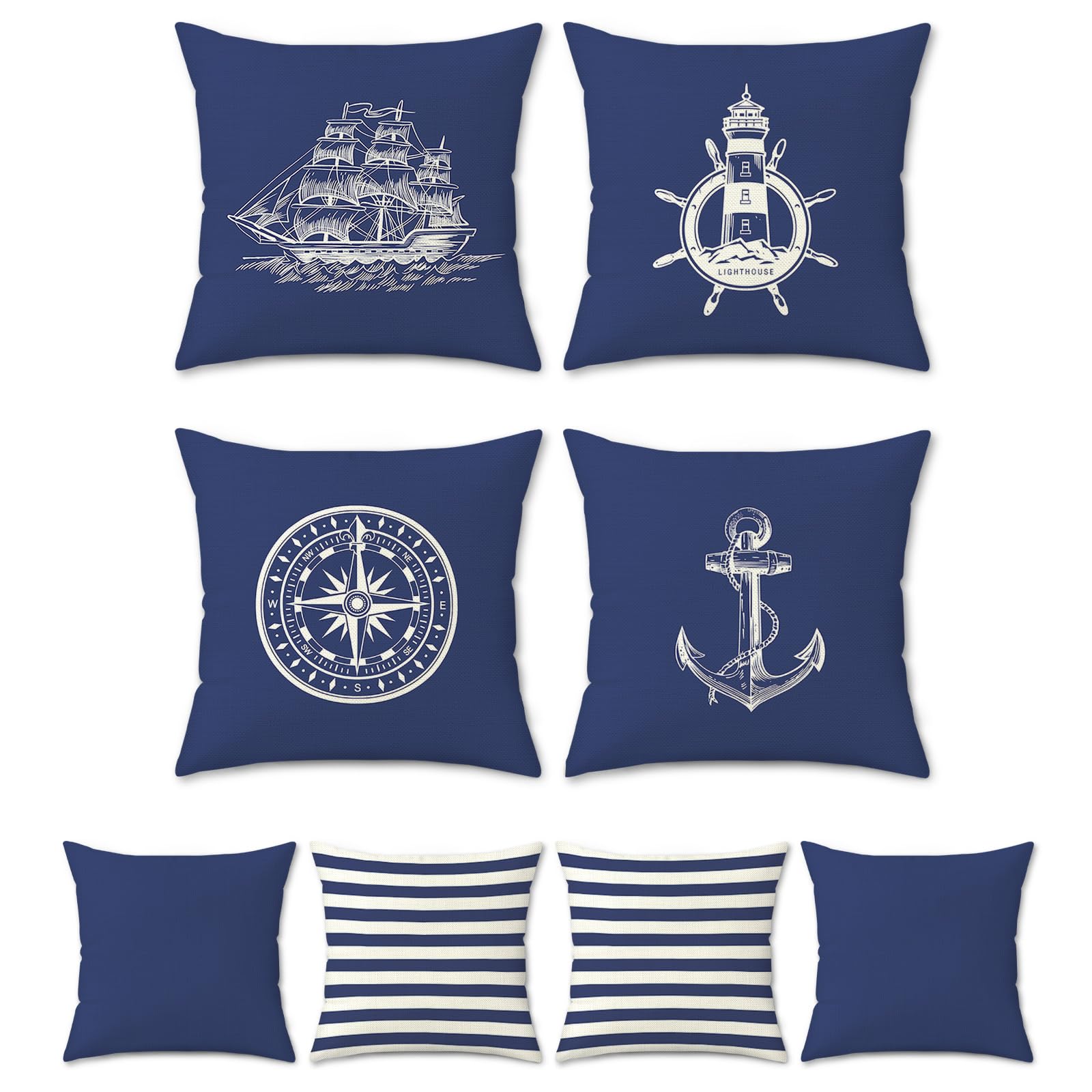 Bonhause Set of 4 Cushion Covers 45 x 45 cm Nautical Blue Marine Anchor Lighthouse Sailboat Compass Polyester Linen Decorative Pillowcase for Sofa Beds Chairs Car Living Room Home Decor