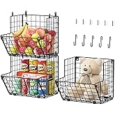X-cosrack Metal Wire Basket Wall Mount, 3 Tier Wall Storage Organizer with 5 S Hooks, Kitchen Fruits and Vegetables Bin Toys Organizer Hanging Basket Black (S (10.83" L x 10.63" W x 30" H))