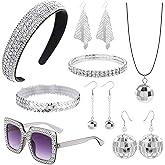 Kysppreu 8Pcs 70s Disco Accessories for Women Disco Costume Jewelry Set Rhinestone Headbands Sequin Scarf Earrings Sunglasses Headband Rhinestone Bracelet Disco Ball Earrings Necklace