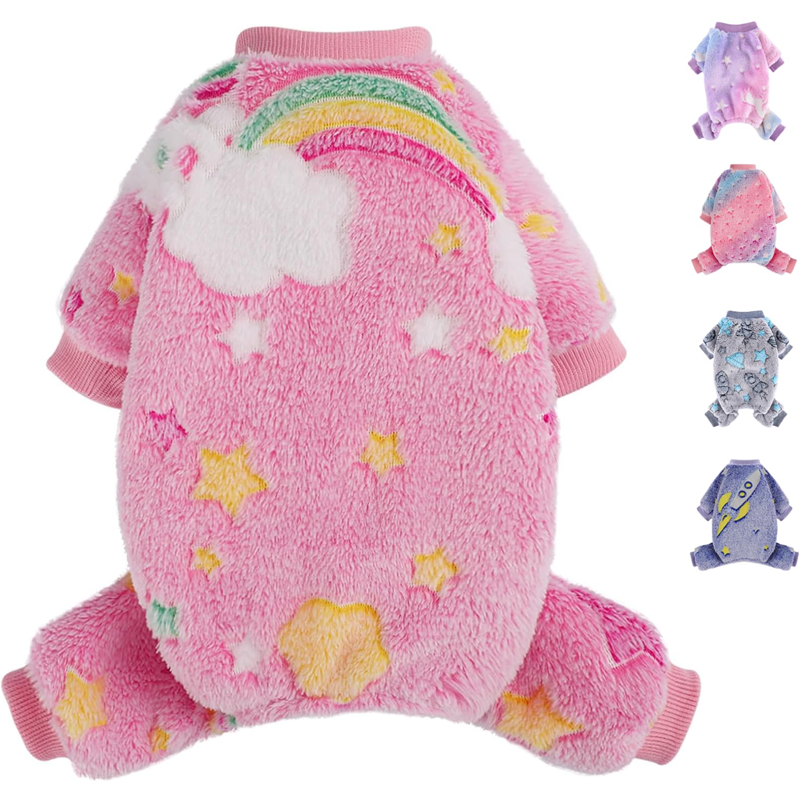 Photo 1 of Dog Sweaters Small Girl Warm Fleece Pajamas, Cute Extra Small Dog Clothes, 4 Legs Puppy Jumpsuit Pjs Soft Stretchy Doggie Onesies Pet Outfit Apparel for Chihuahua Yorkie, Rainbow Pink, XXS