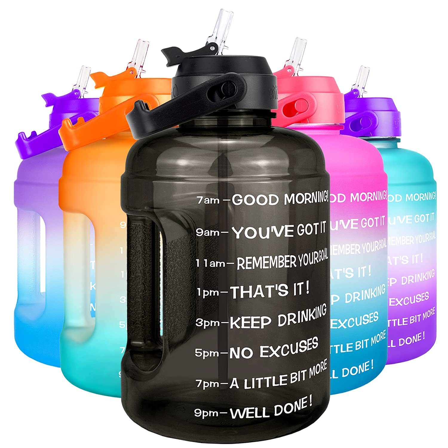 BuildLife Motivational Water Bottle 2.2L - Large Capacity Water Jug with Straw & Time Marker & BPA Free Ensure Enough Water-Drinking Throughout The Day (Black, 2.2L)