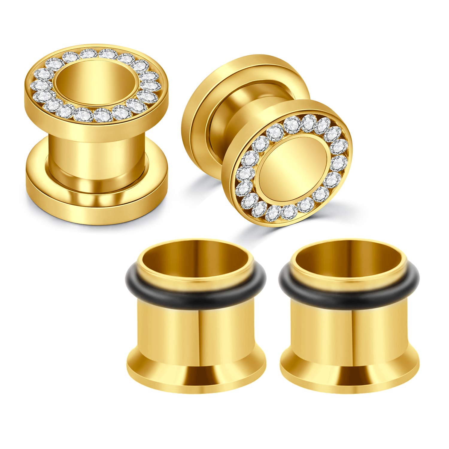 VF VFUN 2 Paires Stainless Steel Ear Tunnel Plugs Diamond Expander Stretching Ear Skin Flexible Flesh 12MM-Gold