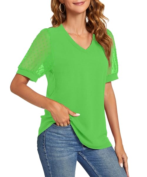 NILOUFO WOMENS SUMMER CASUAL SHIRTS SHORT SLEEVE TUNIC V NECK TRENDY BLOUSES TOPS(B:GREEN, LARGE)