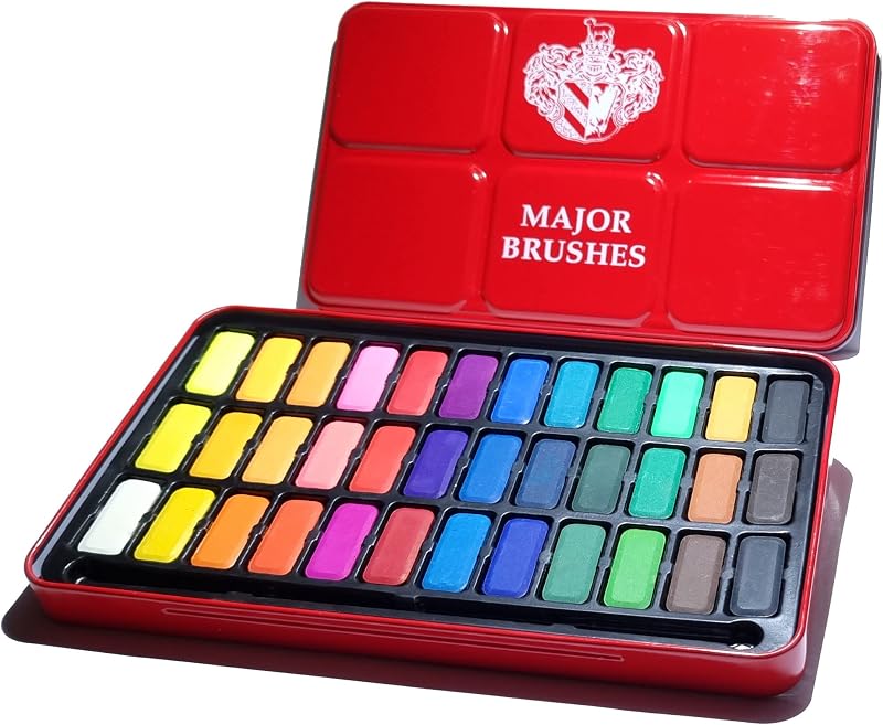 Major Brushes Artist Watercolour Paint Tin 36 Blocks Red Metal Lid