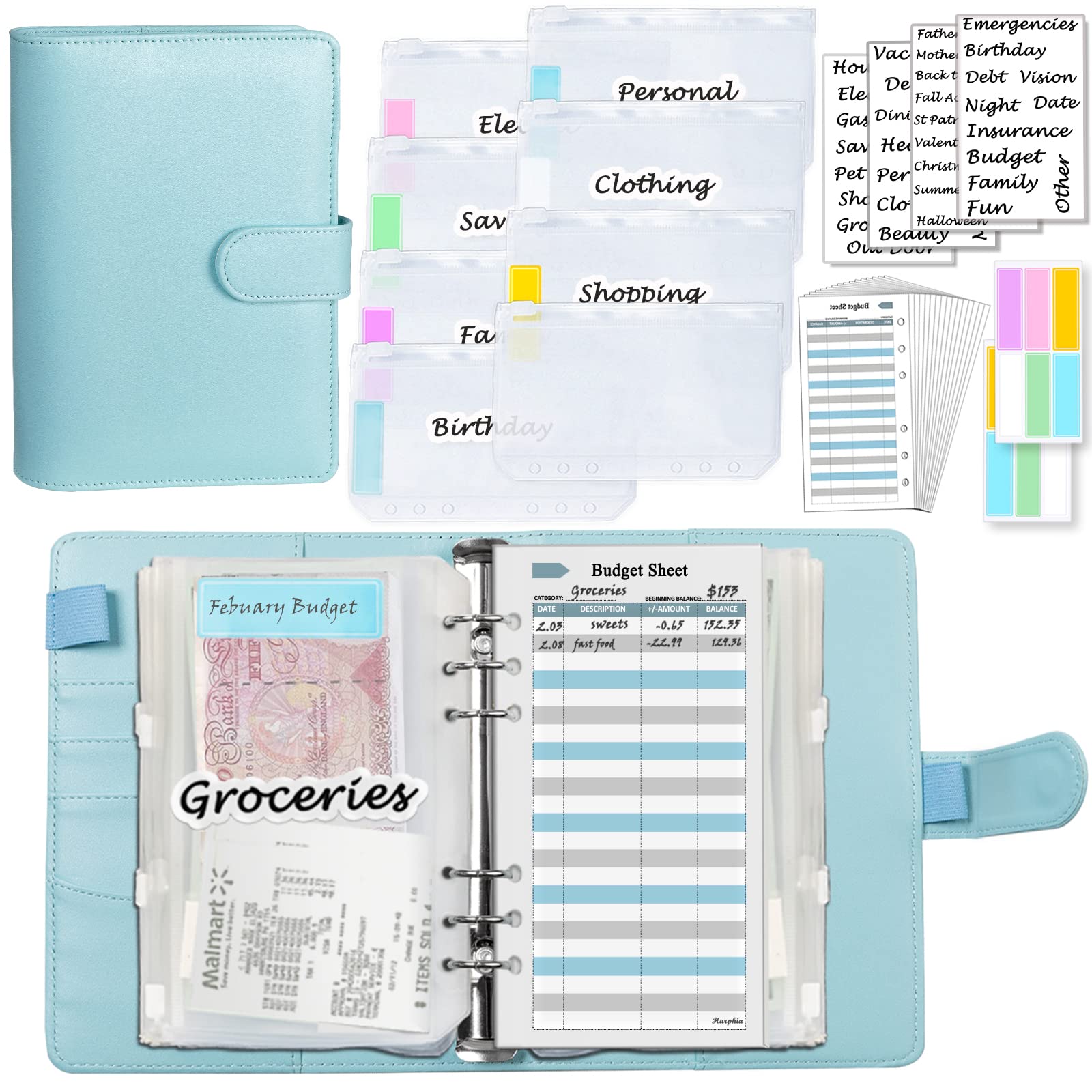 A6 Budget Planner Kit, Money Saving Wallet Binder,Silver 6 Ring Binder,with Cash Envelopes, Budget Refills, Matched Stickers and Label, 7.4x5.71" Harphia, Mint