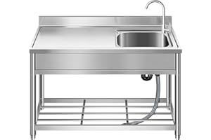 KINGBO Free Standing Stainless-Steel Single Bowl, Commercial Restaurant Kitchen Sink Set w/Faucet & Drainboard, Prep & Utility Washing Hand Basin w/Workbench & Storage Shelves Indoor Outdoor (47in)