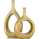Brushed Gold Ceramic Vase Set 2,Modern Hollow Circle with Hole Flower Vase for Home Decor,for Table Centerpieces,Farmhouse,Fi