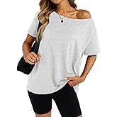 EasyGala Womens Cotton Off The Shoulder Tops Oversized Short Sleeve T-Shirts Casual Summer Tees Trendy Clothes 2025 Light Grey