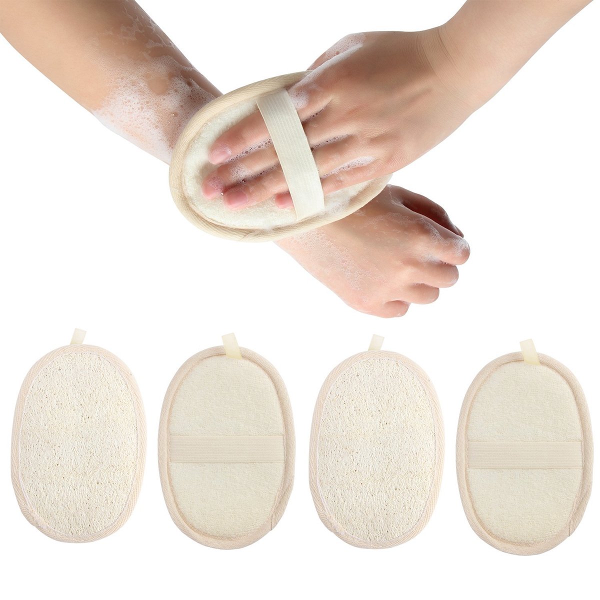 4 Packs Exfoliating Loofah Sponge Pads, Natural Luffa Material Loofah