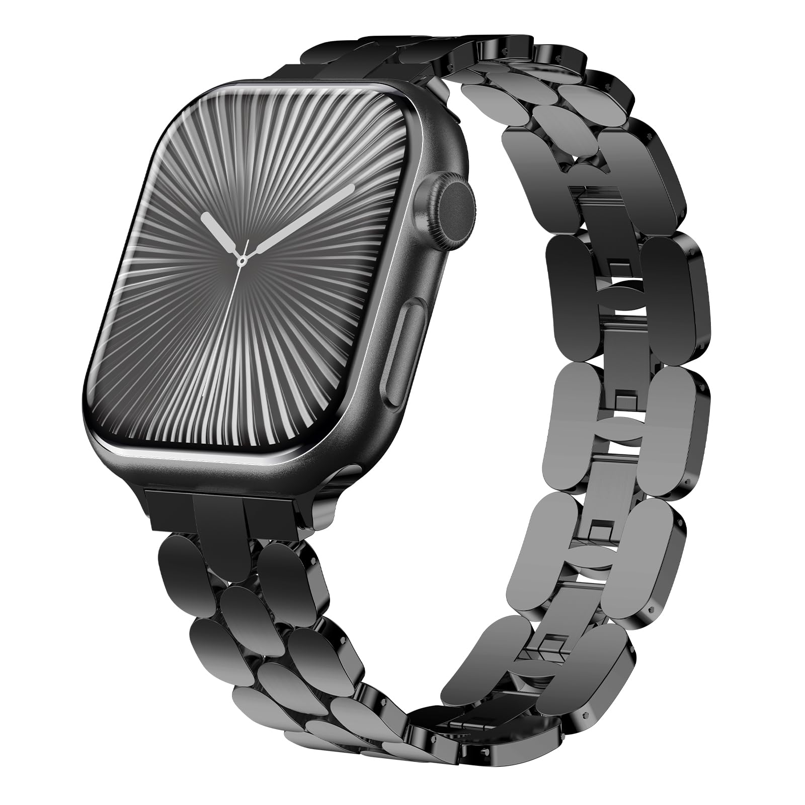 Black women's watch band compatible with Apple Watch Series 11/10/9/8/7/6/8-1SE/Ultra. iWatch stainless steel bracelet fits 42Smm/40mm/38mm/41mm adjustable designer metal bands.