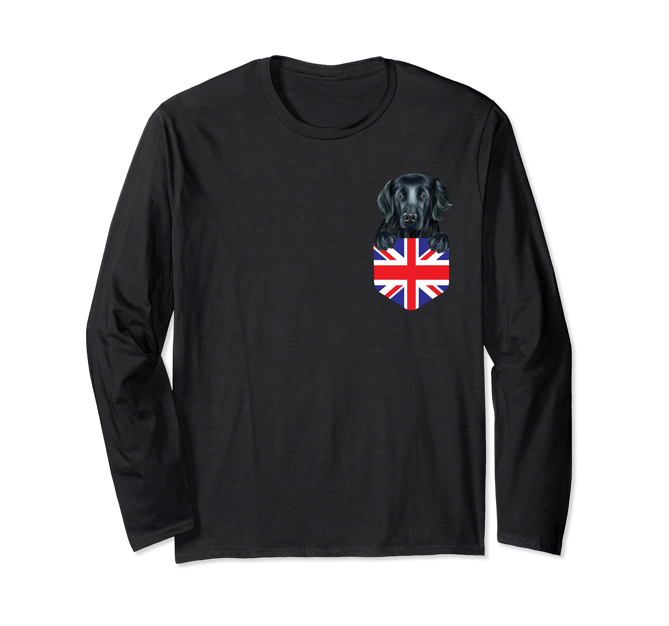 United Kingdom Flag Flat-Coated Retriever Dog In Pocket Long Sleeve T-Shirt