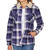 Women's Long Sleeve Plaid Fleece Jackets| Super Plush Sherpa Lined Shirt Jacket Tops with Pockets (Medium, Blue-Purple) L6