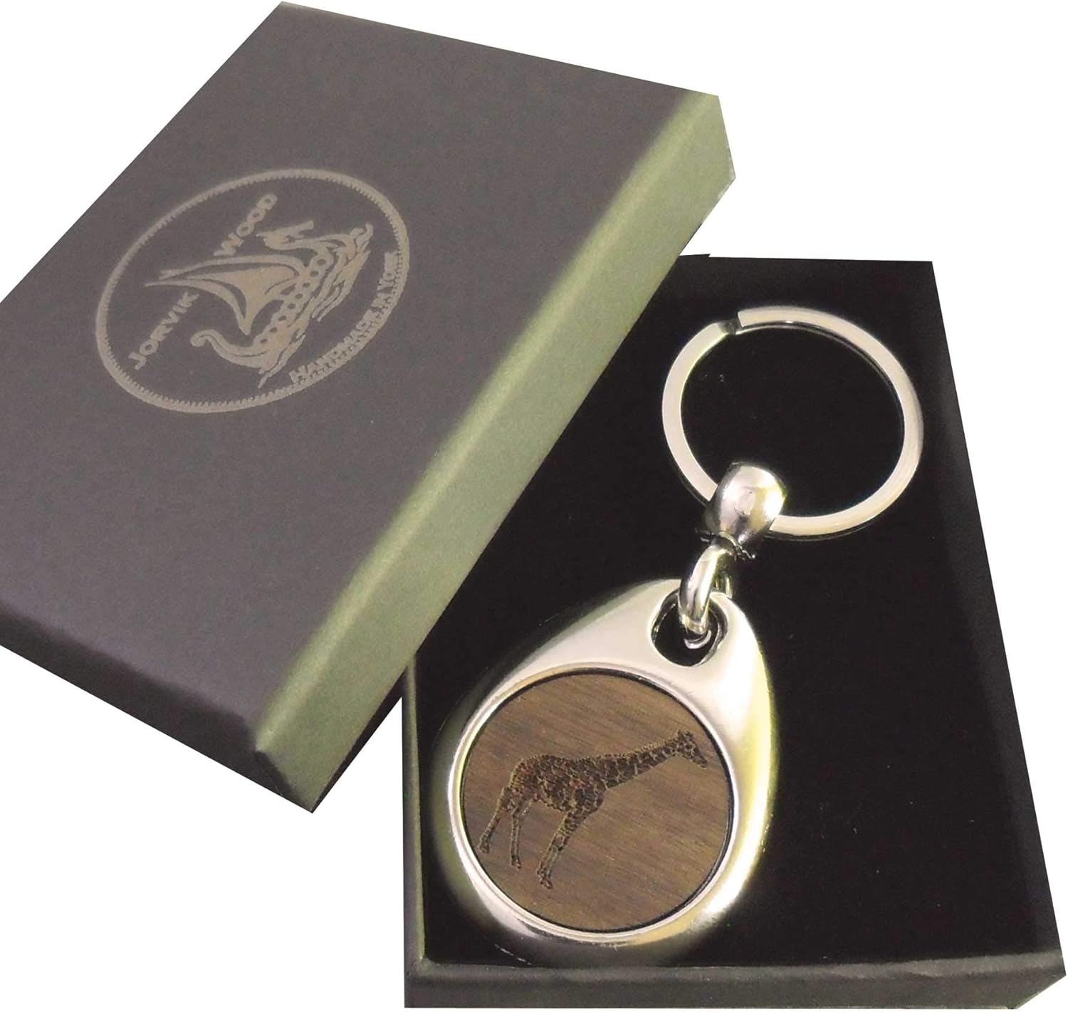Jorvik Wood Giraffe Design Wooden Keyring with Gift Box, Brown, 2