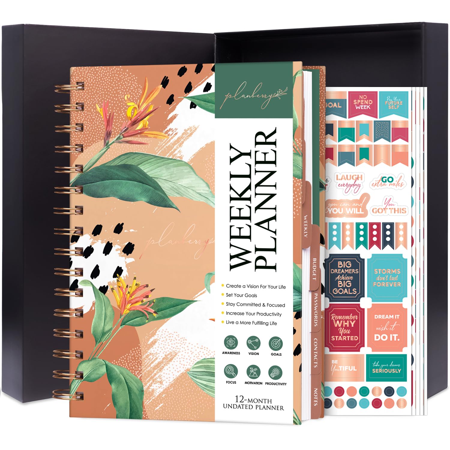 PLANBERRY Weekly Planner – Elegant Life & Budget Planner to Hit Your Goals & Live Happier – Organizer & Productivity Journal – 17.5 x 21.5cm Hardcover, Undated + Stickers(African Terracotta) — image 1