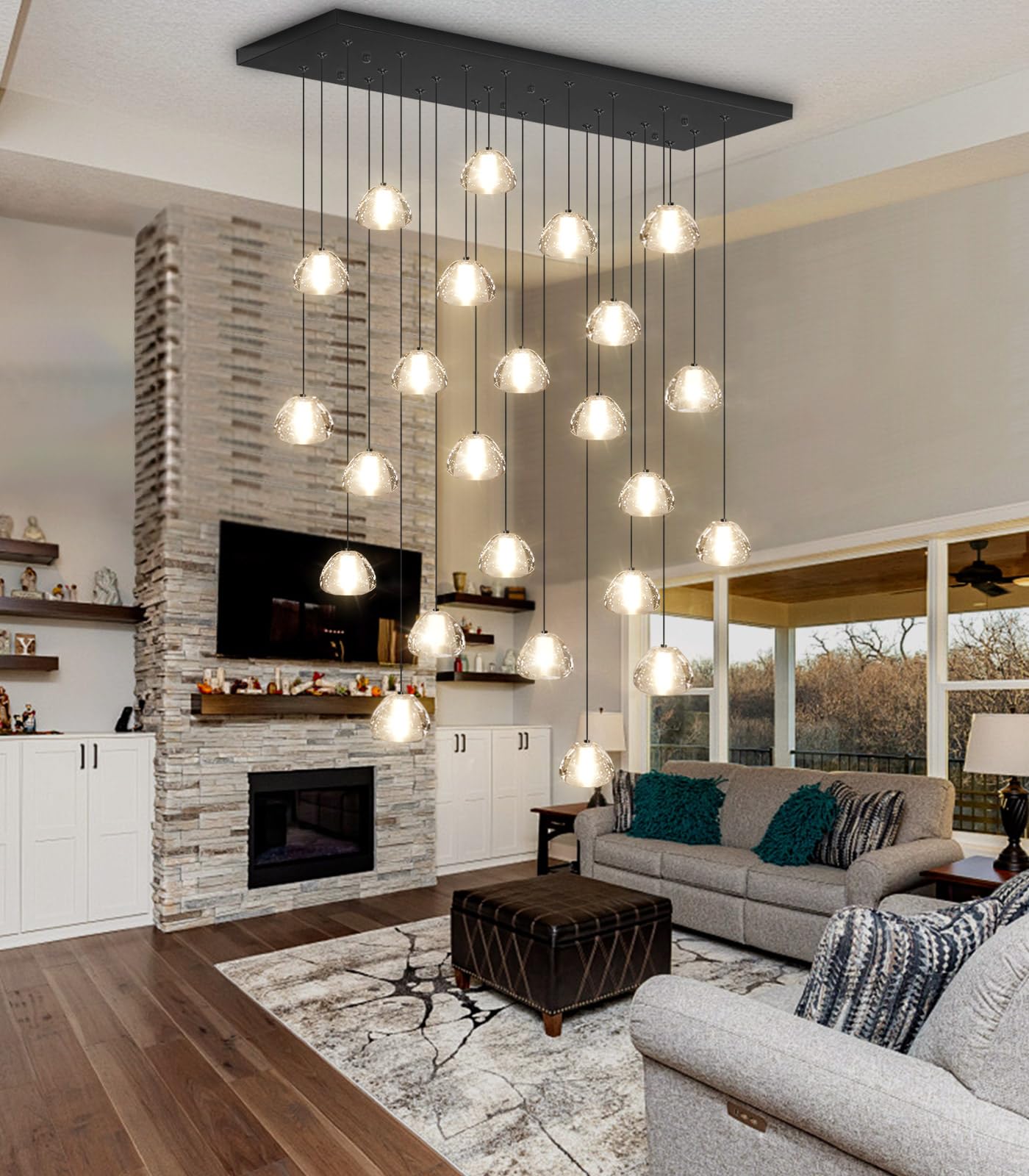 Photo 1 of dolria 24-Lights Modern Rectangular Crystal Chandelier LED Raindrop Ceiling Pendant Light Crystal Lighting Fixture for Living Room Hotel Staircase Hallway Foyer Entryway Bedroom Black