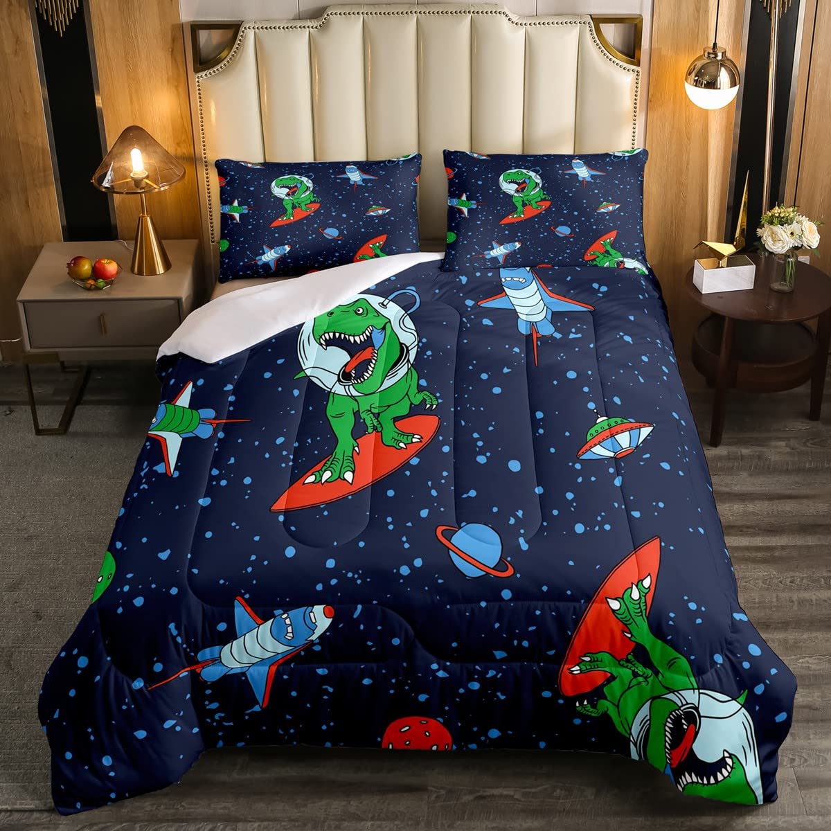 Space Man Dinosaur Bedding Set Galaxy Dinosaur for Kids Boys Girls Rocket Outer Space Duvet Insert Single Size