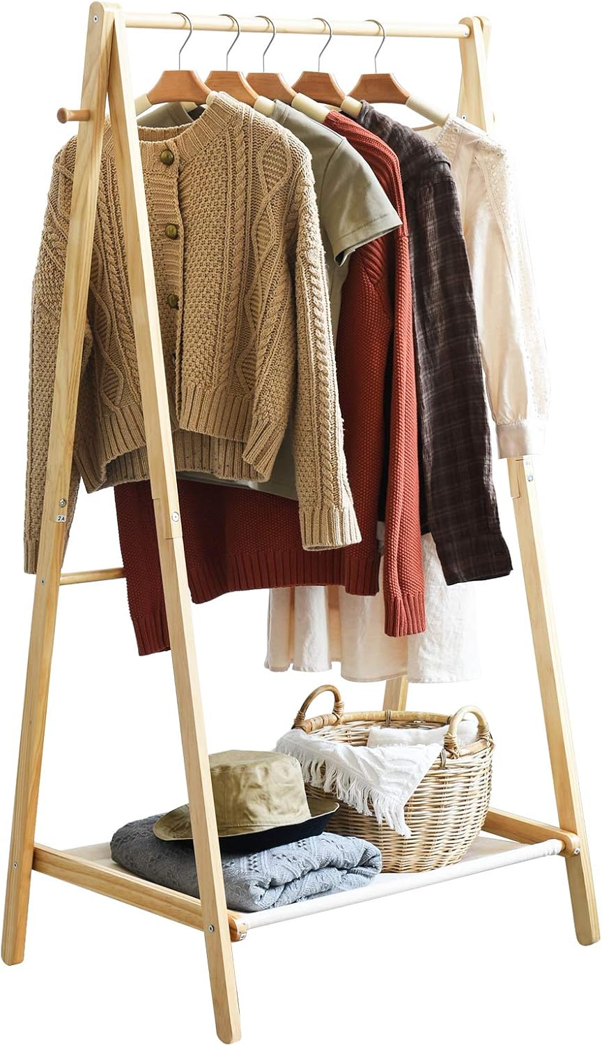 two tier wooden shoe rack on Ibuyke Foldable Wood Clothes Rack Stand With 1 Tiers Wooden Shoe Rack And Two Side Hooks For Entryway And Bed Room A Frame Design Garment Stand Natural Rf Sm097 Hallway Furniture Coat Racks