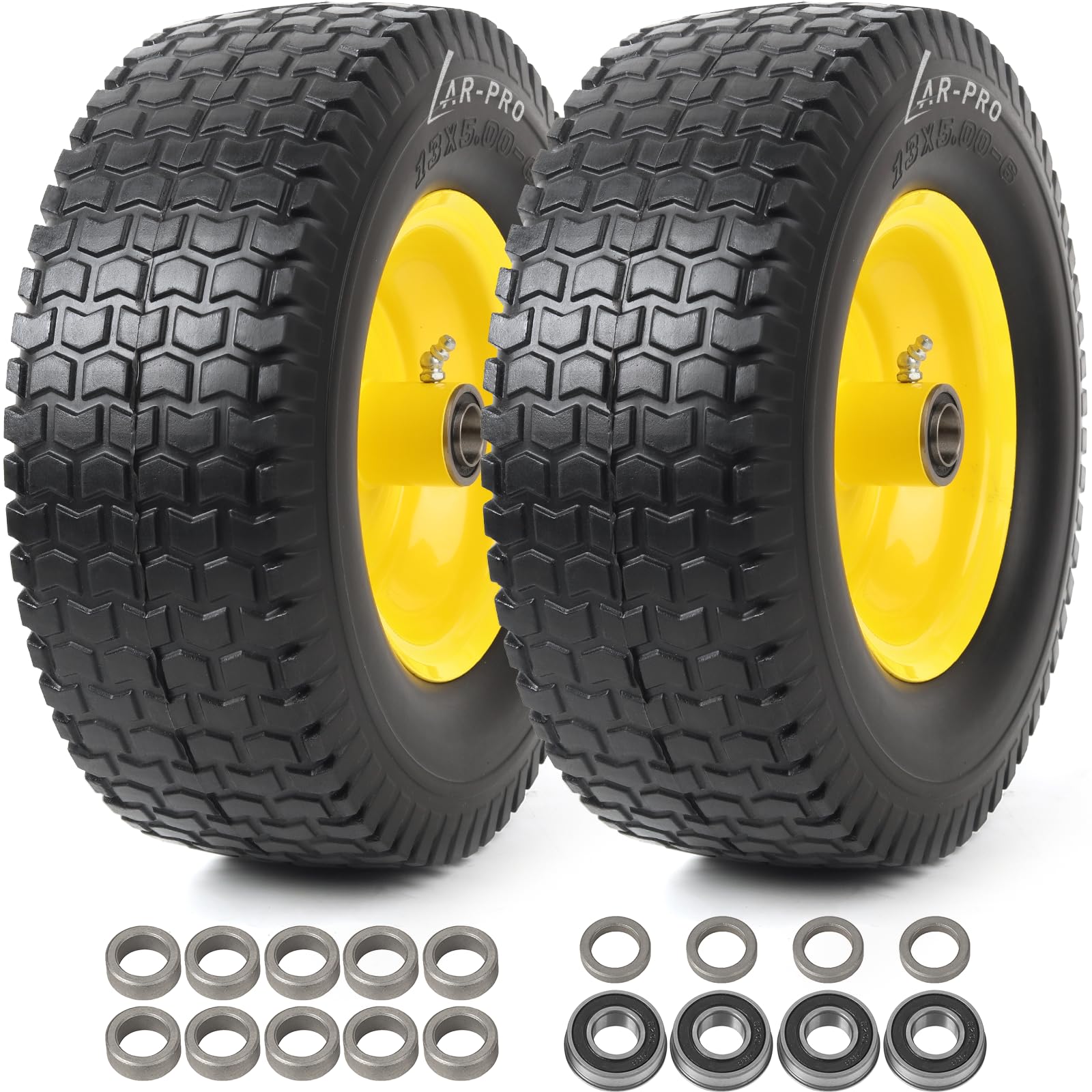 Photo 1 of ***Parts missing- no bushings***R-PRO (2-Pack) 13x5.00-6 Flat Free Tire and Wheel Set - Replacement Riding Lawn Mower Solid Front Tire and Rim - with 3"-6" Offset Hub and 3/4" or 5/8" Bearings, Turf Treads with 400 lbs Load***Parts missing- no bushings***