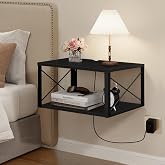 Homode Floating Nightstand, 2 Tier Wall Mounted Nightstand with Cable Hole | Wooden Floating Bedside Table, Bedside Wall Shelf for Bedroom Bathroom Living Room Kitchen Office, Black