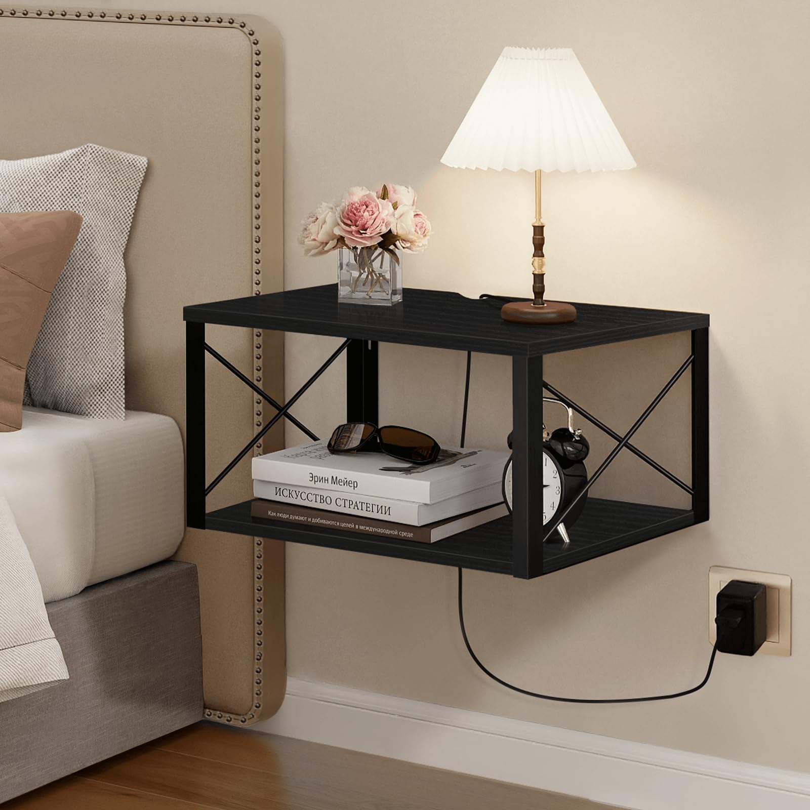 Photo 1 of Homode Floating Nightstand, 2 Tier Wall Mounted Nightstand with Cable Hole, Wooden Floating Bedside Table, Bedside Wall Shelf for Bedroom Bathroom Living Room Kitchen Office, Black