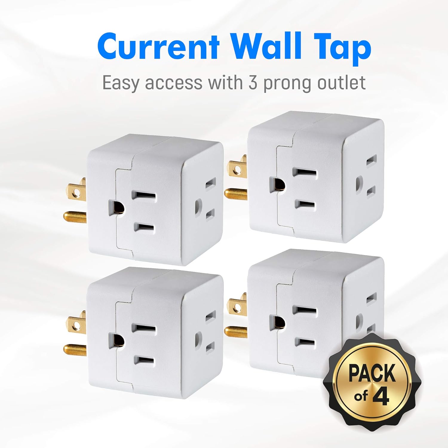 Maximm Current Wall Tap (4-Pack) Easy Access with 3 Prong Outlet Cube Plug Adapter Expanding It Into 3 AC Outlets, Perfect for Travel, ETL Listed White - - 