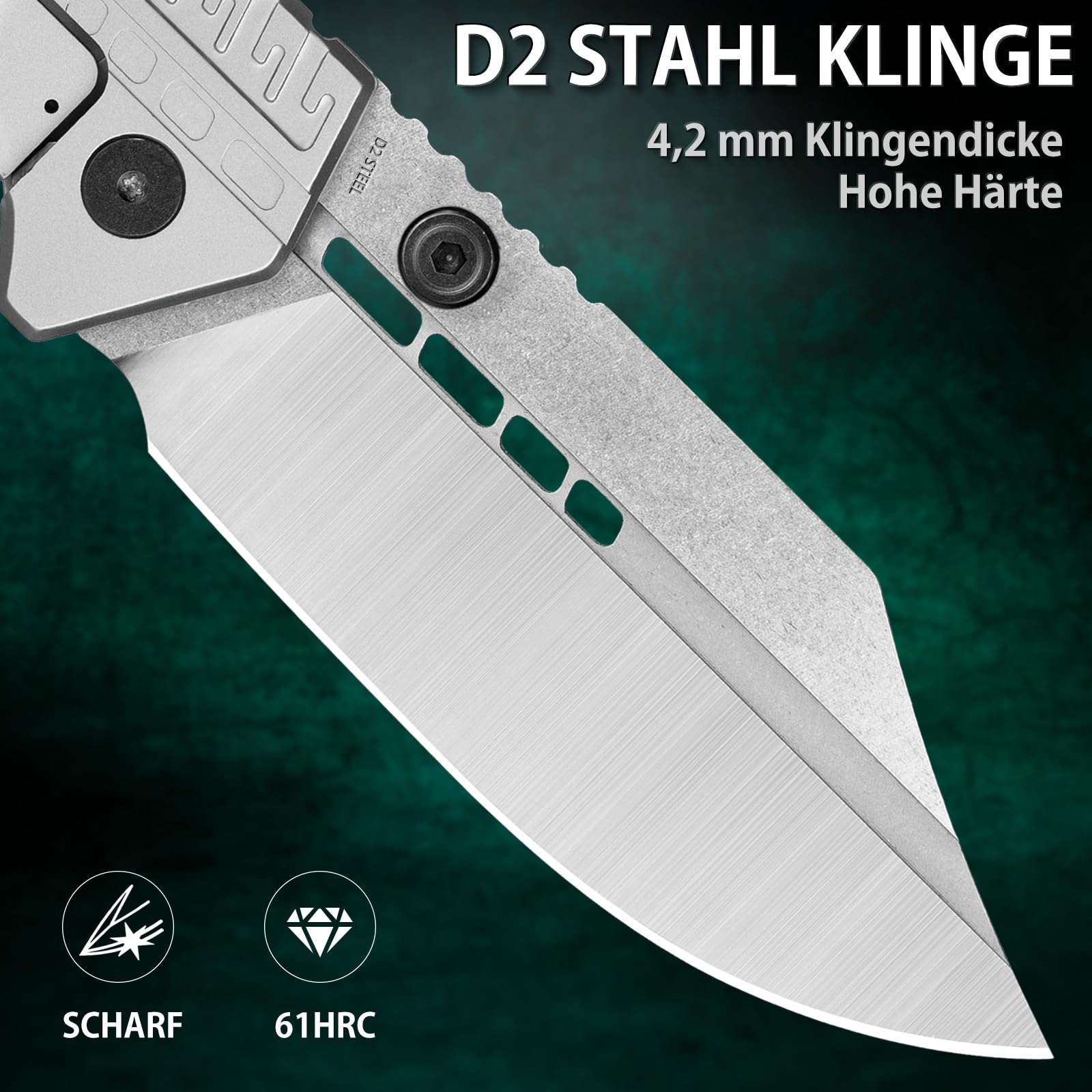 LOTHAR LORD Klappmesser, D2 Stahl Einhandmesser mit Gürtelclip, 420 Stahl Griff, Großes Outdoor Messer, Geeignet für Sammlung 2