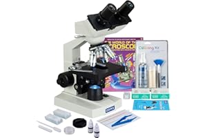 OMAX 2500X LED Binocular Microscope + Slide Preparation Kit + Cleaning Kit + Blank Slides + Lens Paper + Book