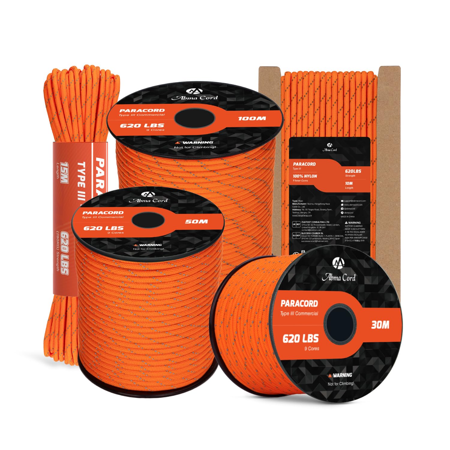 Abma Cord Paracord 4mm 15m 100% Nylon Rope 9 Strands Type III Parachute Cord for DIY, Camping, Survival, Outdoor - Max. 280kg - Reflective Orange