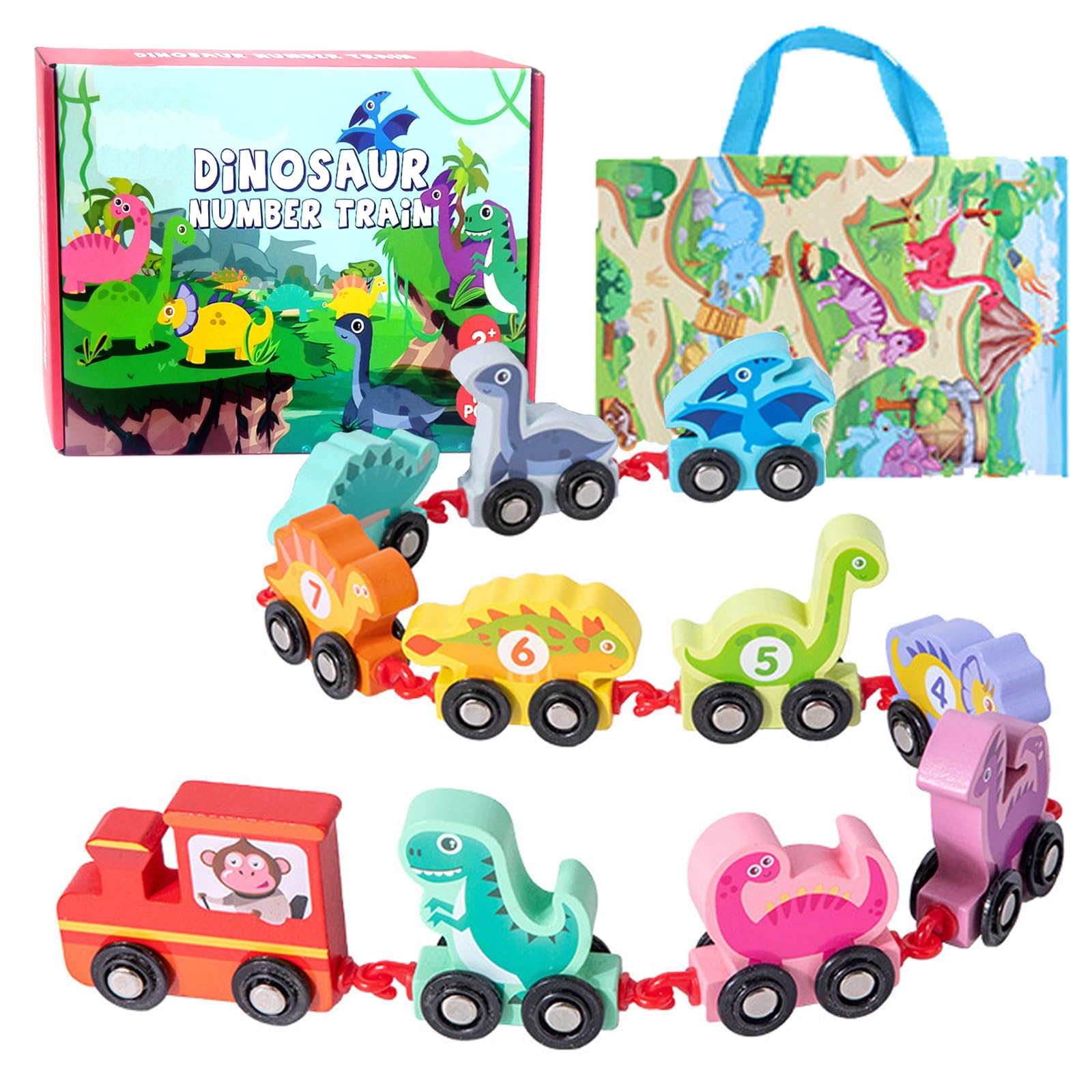 MonteSpi Toddler Toys for1 2 3 4 Year Old Boys Gifts，Montessori Wooden Dinosaur Train Set，Educational Toys for 2 3 4 5 Year Old Gifts