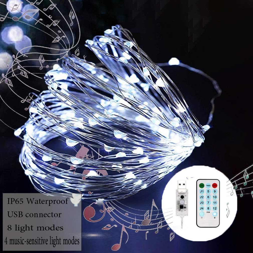 MSKJ Waterproof Fairy Lights, led Twinkle Lights with Remote Timer Function USB Music Sync 32.8 FT USB Plug in String Lights 12 Lighting Modes Party Holiday Decor White