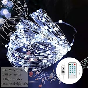 MSKJ Waterproof Fairy Lights, led Twinkle Lights with Remote Timer Function USB Music Sync 32.8 FT USB Plug in String Lights 12 Lighting Modes Party Holiday Decor White