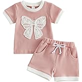 Fufuriprefer Toddler Baby Girl Clothes Waffle Knit Outfit Bow Embroidery Short Sleeve T-Shirt & Casual Shorts Summer Set