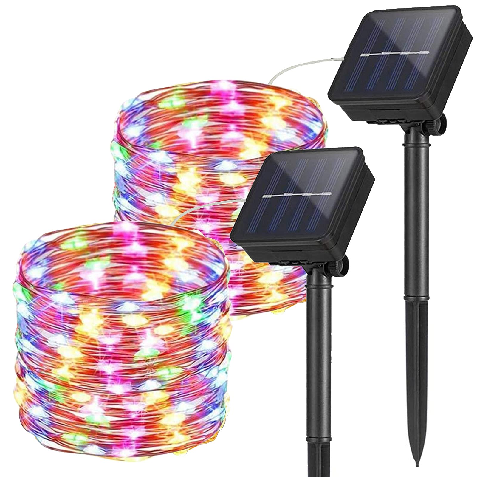 2 Packs Solar String Lights Outdoor, 10M/33FT 100 LED Fairy Copper Wire Lights, Waterproof Auto ON/OFF Decoration Rope Lights for Garden Patio BBQ Yard Lawn Trees Christmas Wedding Party, Multicolor