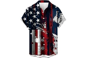 TXXEOSS Mens 4th of July Patriotic Shirts Short Sleeve Button Down Red White Blue Stars Stripes American USA Flag Hawaii Tops
