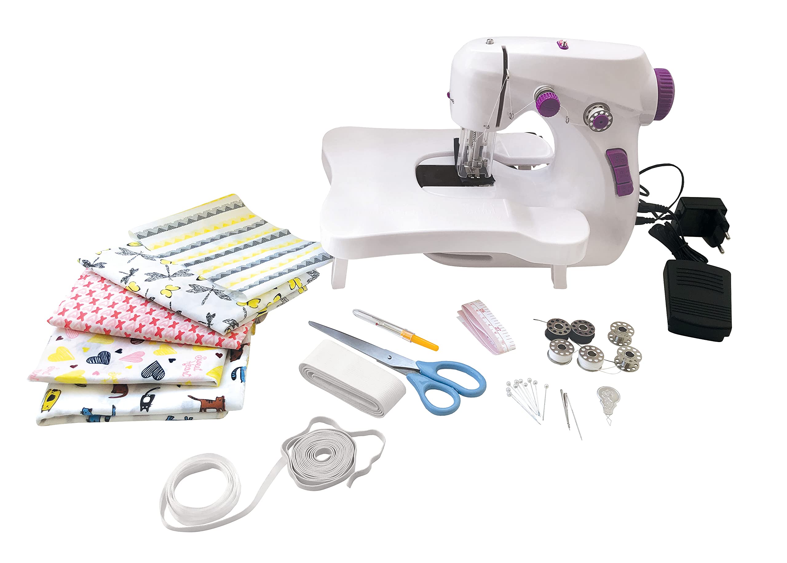 LEXIBOOK, The Sewing Workshop, Sewing machine, 5 fabric coupons & accessories included, White/purple, SW200