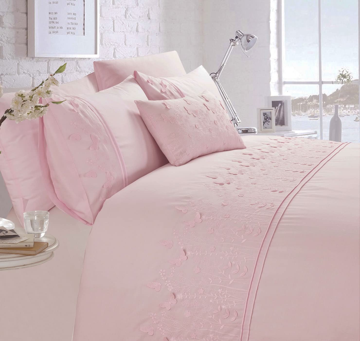Rapport Home Luxury Embroidered Papillon Pink Double Bedding Duvet Cover Set