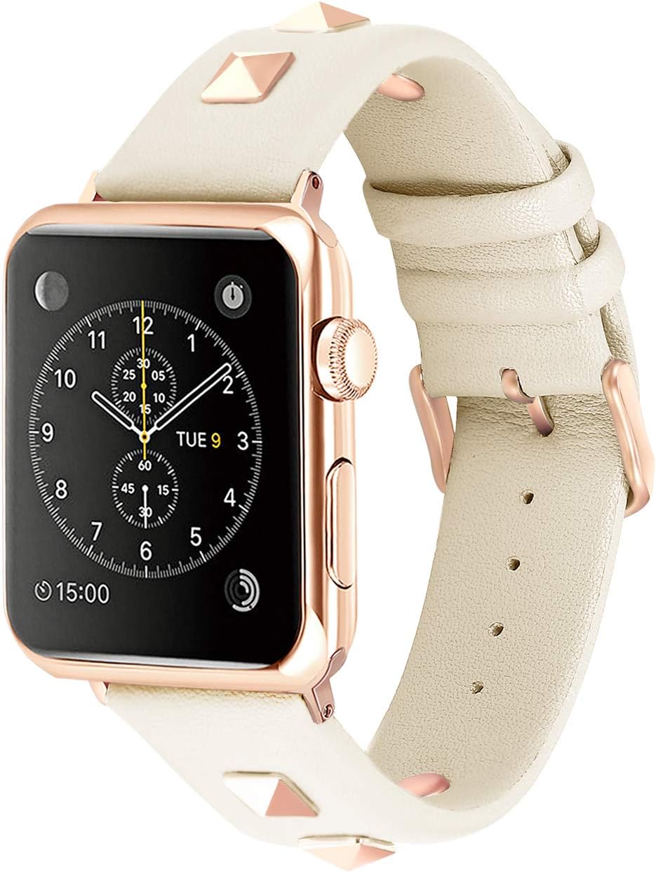 Solomo Compatible for Apple Watch Band 44mm 42mm, Fashion Women Genuine Leather Replacement Strap 3D Studs Spikes Rivets Rock Punk Rose Gold Metal Adapter Buckle iWatch Series 5/4/3/2/1 (Creamy White)