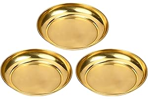 Aditri Creation Set of 3 Small Decorative Brass Plate, New Year Pooja Festival Decorations Indian Prasad Plate Katori for Pooja Pooja Utensils Item Articles (Size 4" Diameter)