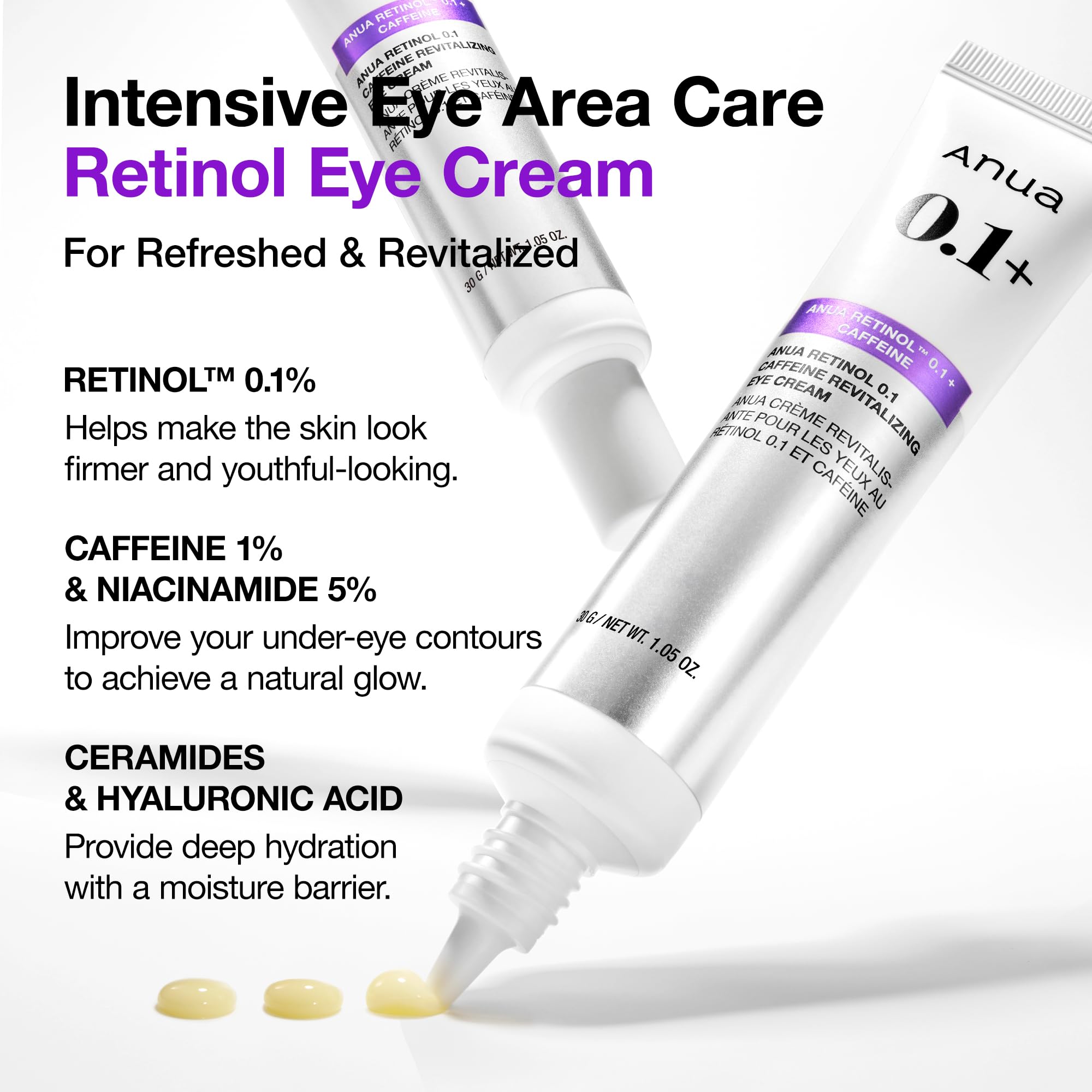 ANUA Retinol 0.1 Caffeine Revitalizing Eye Cream, Under Eye Cream For Hydration, Glow Up Eye Contour, Niacinamide, Retinol For Face, Night Cream For Eye Care, Korean Skin Care (30g/1.05oz)