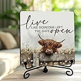 MOWITGBE Funny Highland Cow Decor, Cow Gifts for Women, 5 Inch Inspirational Wooden Plaques for Farmhouse Home Table, Live Like Someone Left the Gate Open Sign - A01