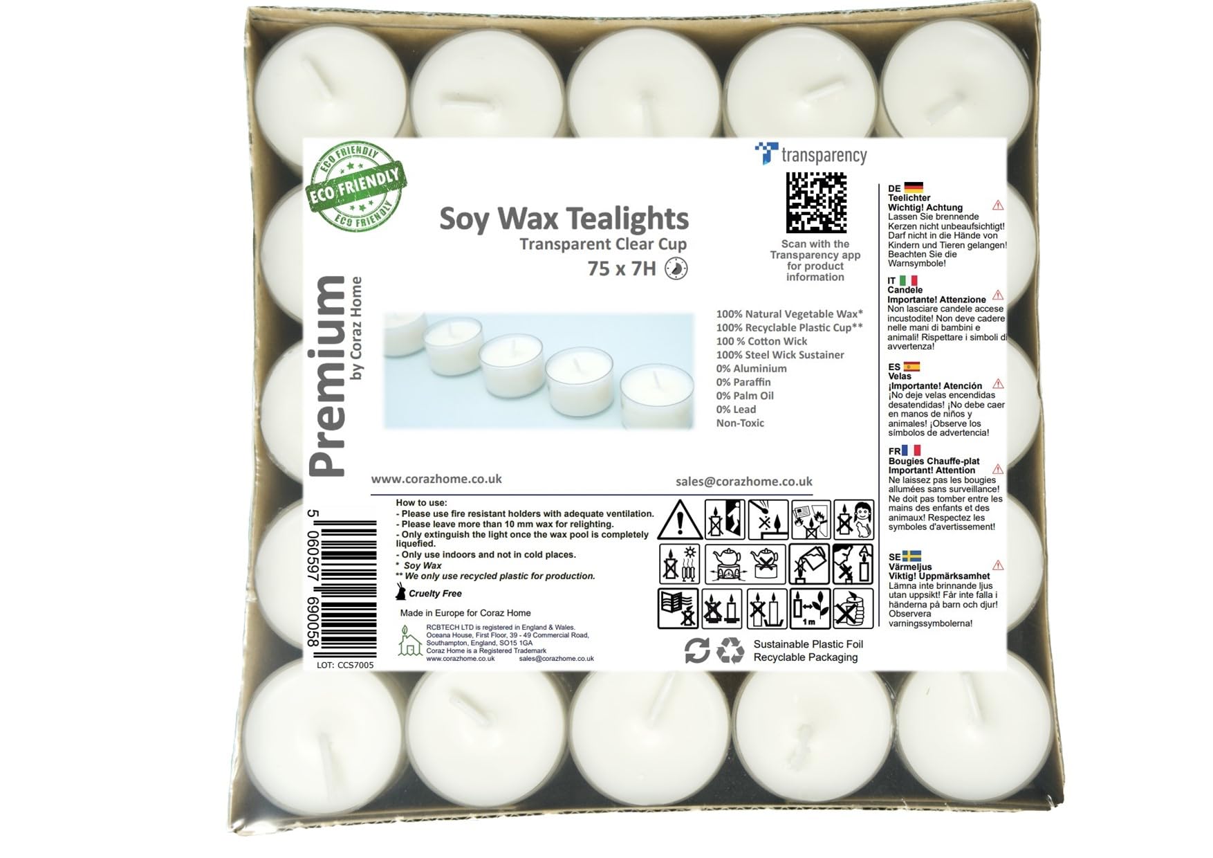 Coraz Home - Premium 7 Hours Long Burning Time Pack of 75 Transparent Clear Cup Tea Lights Eco-Friendly tealights White Unscented Night Lights Vegan Soy Wax Candles Non-Toxic