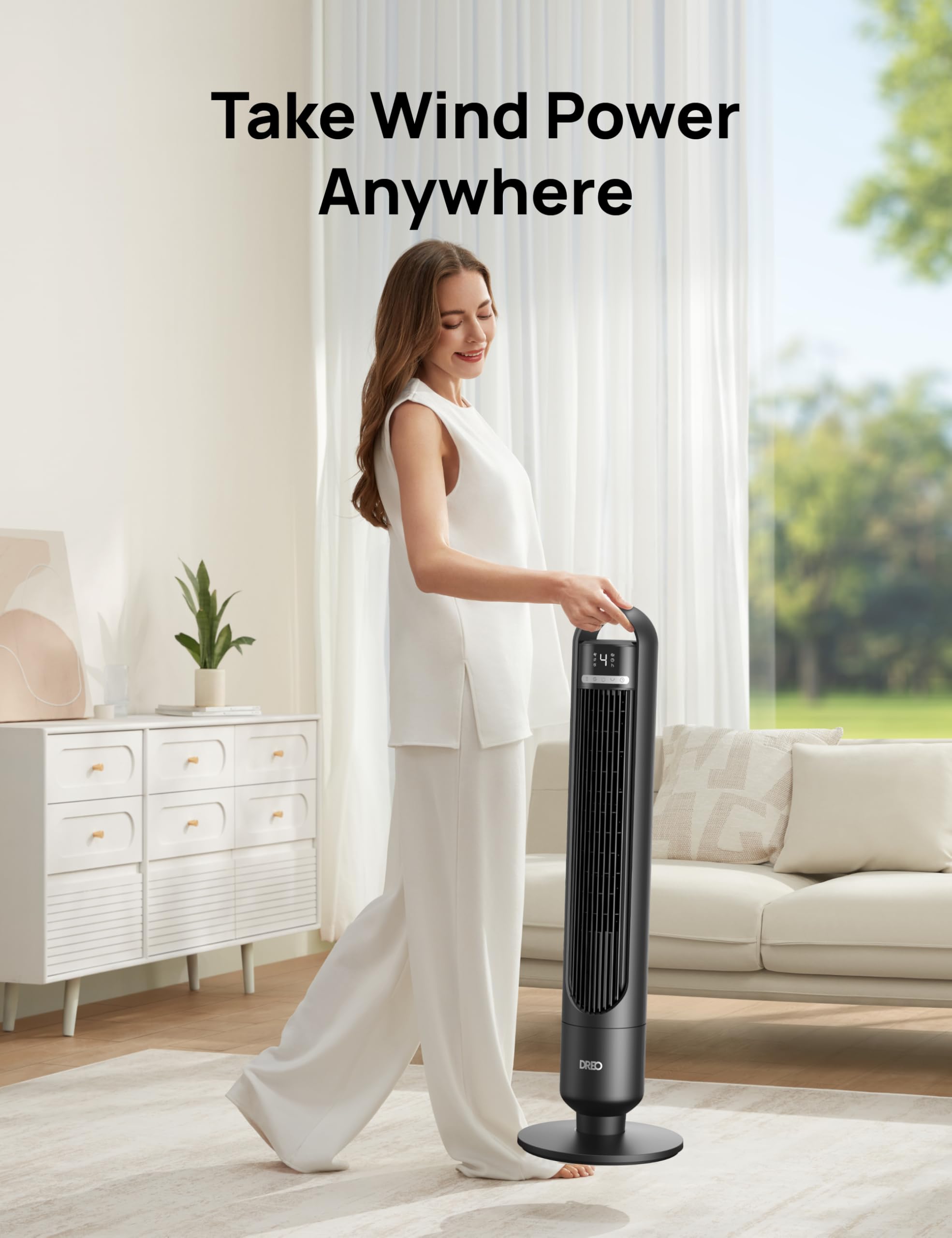Dreo Tower Fan for Bedroom, 90° Oscillating Standing Fans for Room with 4 Speeds, 3 Modes, 28dB Quiet for Sleep, 25ft/s Velocity, 8H Timer, Remote, Living Room, Office, Home, Black, TF117