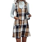 IDEALSANXUN Plaid Overall Dress for Women Fall Winter Sleeveless Plaid Dresses with Pockets