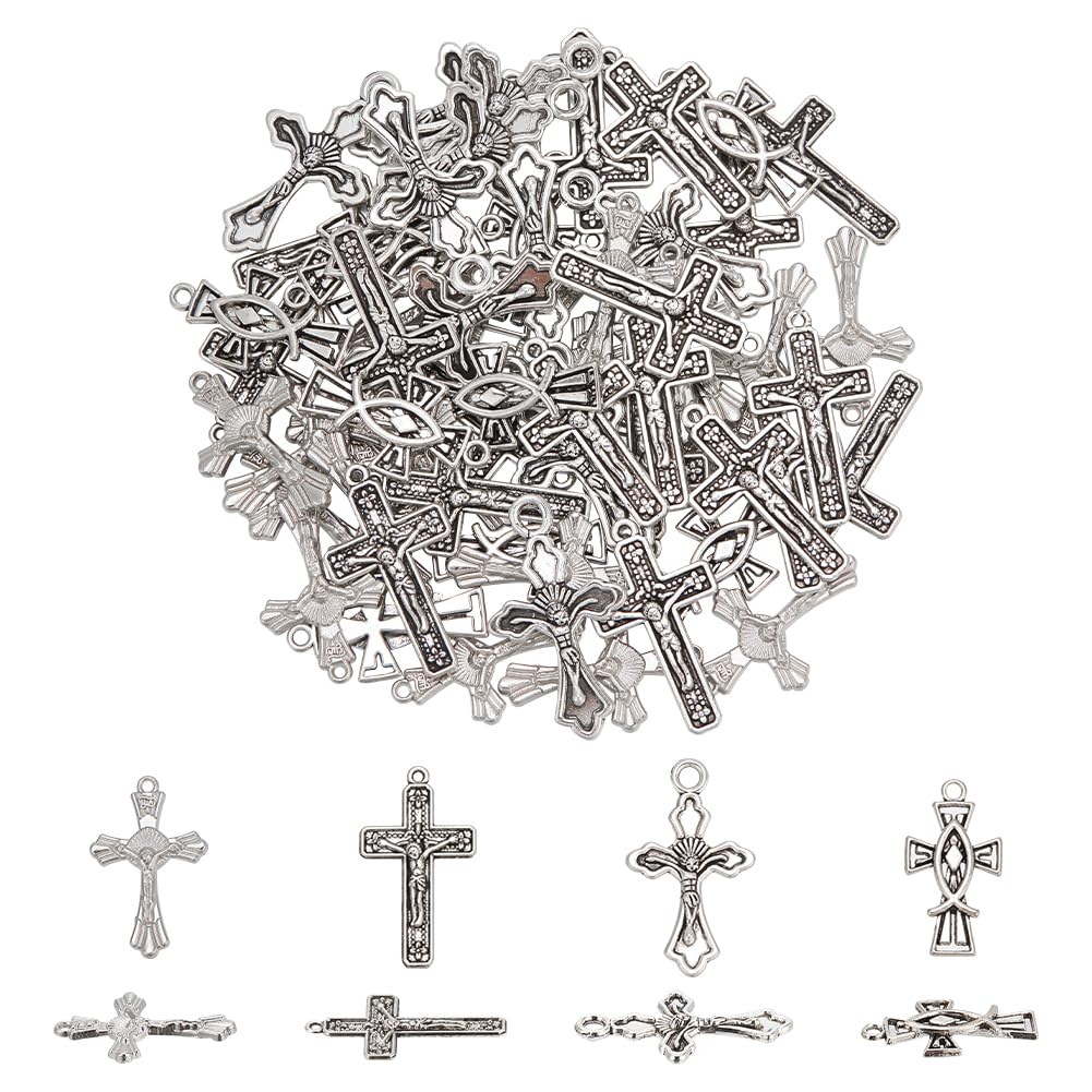 WADORN 4 Styles 60Pcs Alloy Cross Charm Assorted, Antique Silver Cross Jewelry Findings with Hole Metal cross Connector Beads Charms Pendants for DIY Jewelry Making Findings Accessories
