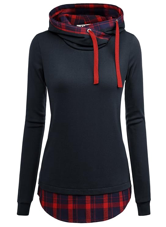 DJT Damen Kapuzenpullover Sweatjacke Hoody Schreag Kragen Kariert Pulli
