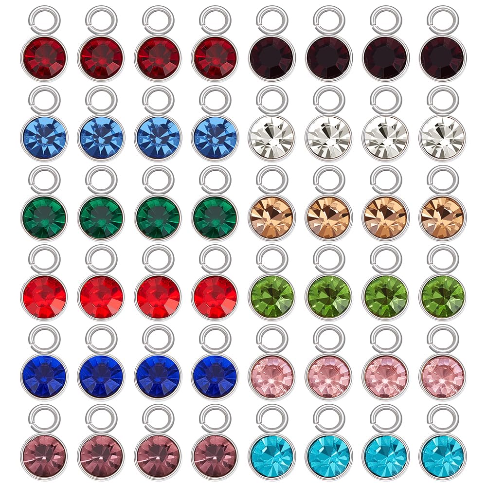 Beebeecraft 1 Box 48Pcs Birthstone Rhinestone Charms 304 Stainless Steel 12 Colors Flat Round Rhinestone Charms Jewelry Charms for Jewelry Making (10x6mm)